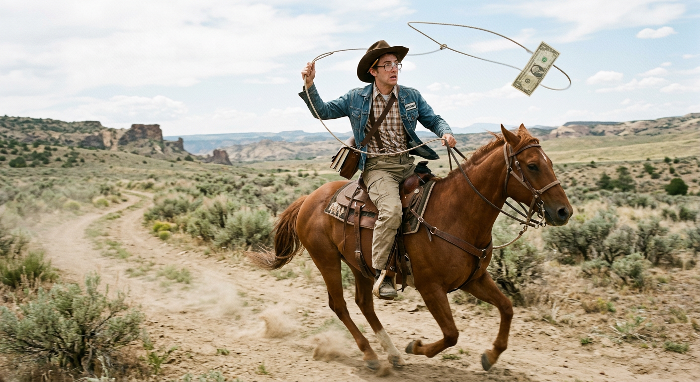 Firefly_Gemini Flash_draw a cowboy nerd riding a horse and attempting to lasso a dollar bill 984471
